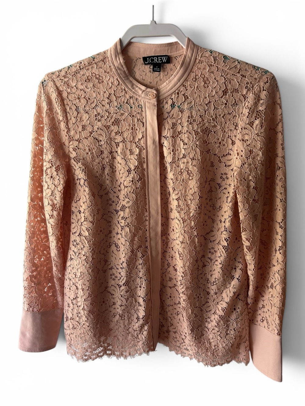 J.Crew dusty rose pink button-up blouse featuring an intricate lace overlay